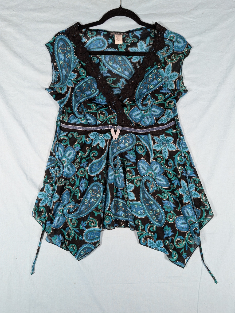 Self Esteem Black and Teal Paisley Lace-Trim Surplice Tunic